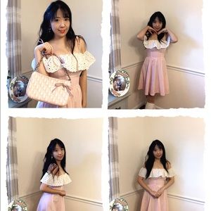 Gunne Sax Style Off Shoulder Tie Pink GinghamDress